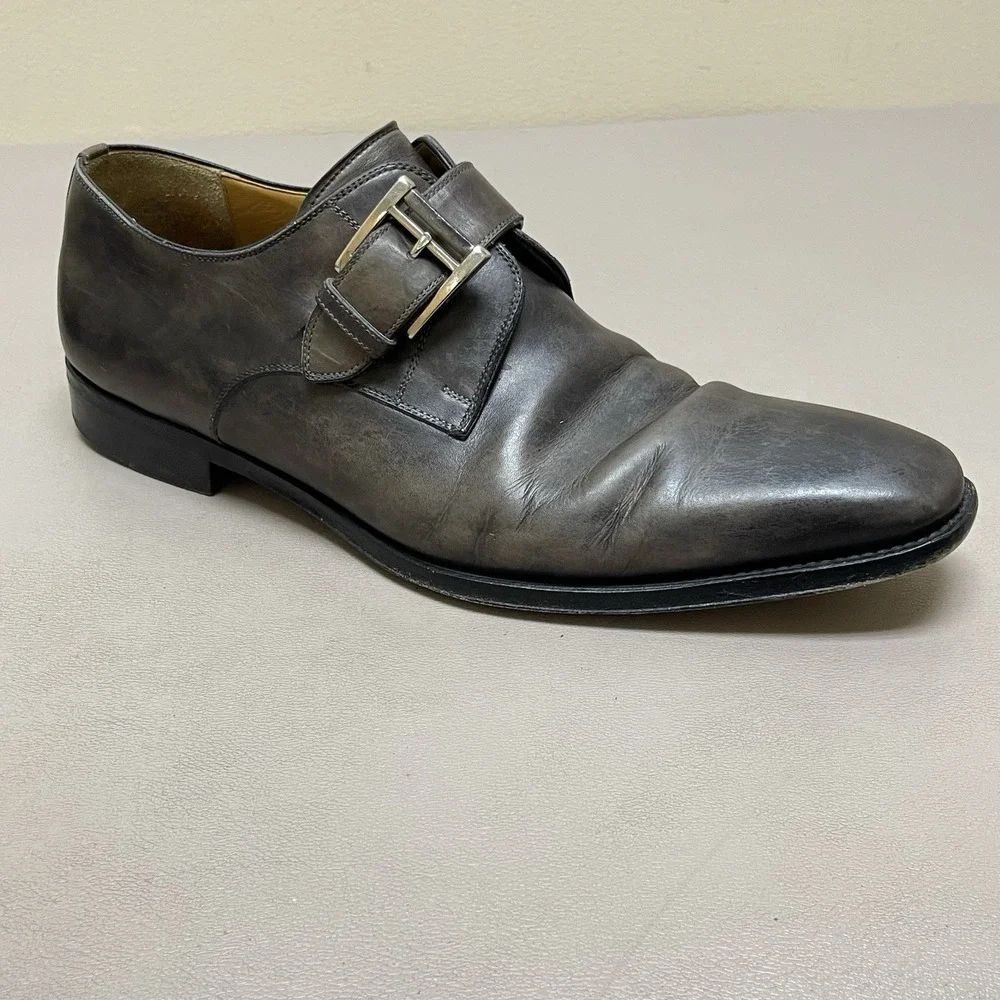 Magnanni Monk Strap Dress Shoes Men 9 M Gray Leather Buckle Brogue Oxford Loafer